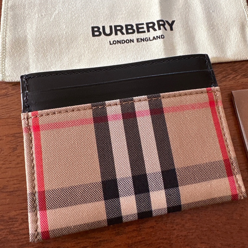 Burberry Check Calfskin Card Case Beige Black NWT